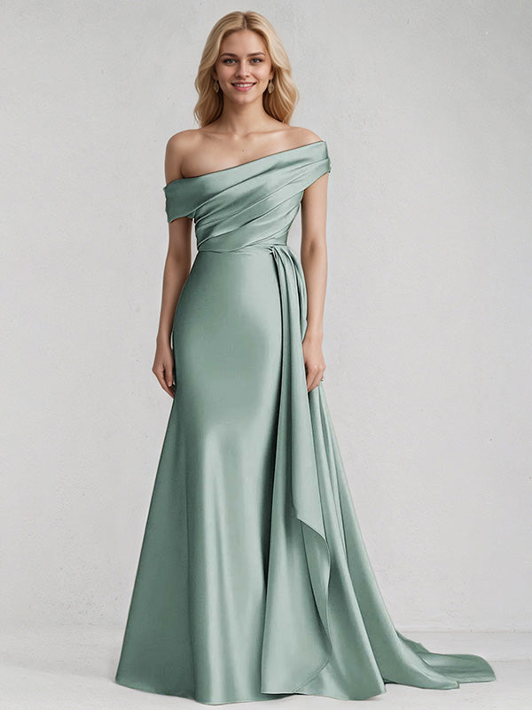 A Line Satin One Shoulder Sleeveless Floor Length Dress