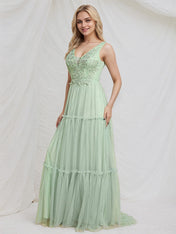 Mint Green Tulle A Line V Neck Sleeveless Floor Length Bridesmaid Dress with Applique