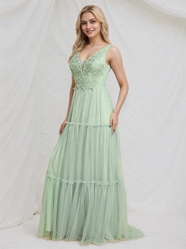 Mint Green Tulle A Line V Neck Sleeveless Floor Length Bridesmaid Dress with Applique