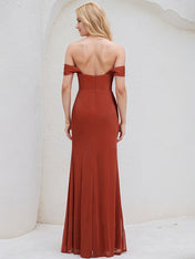 Vermilion Chiffon A Line Off the Shoulder Sleeveless Floor Length Bridesmaid Dress