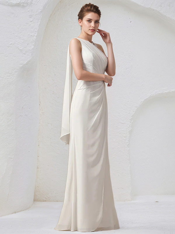 Ivory Chiffon Sheath/Column One Shoulder Sleeveless Floor Length Bridesmaid Dress