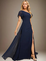 Sheath/Column Asymmetrical Floor-Length Chiffon Dress With Pleated