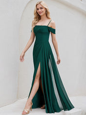 Emerald Chiffon A Line Spaghetti Straps Sleeveless Floor Length Bridesmaid Dress