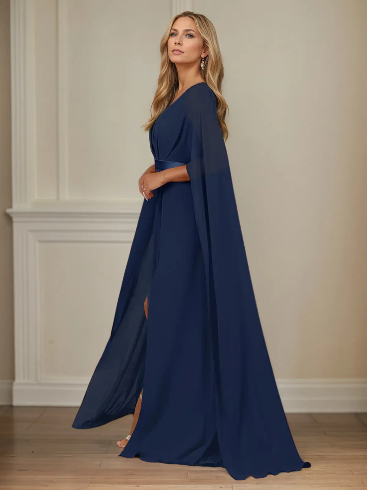 A Line V Neck Cap Sleeve Floor Length Chiffon Mother of the Bride Dress
