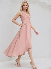 Dusty Rose Chiffon A Line V Neck Sleeveless Asymmetrical Bridesmaid Dress