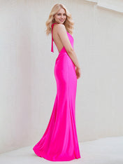 Hot Pink Satin Sheath/Column V Neck Sleeveless Floor Length Bridesmaid Dress