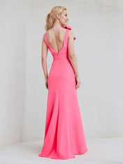 Hot Pink Chiffon V Neck Floor Length Bridesmaid Dress With Bow