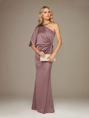 Mauve Satin One Shoulder 1/2 Sleeves Floor Length Pleated Dress With High Slit