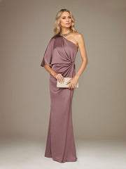 Mauve Satin One Shoulder 1/2 Sleeves Floor Length Pleated Dress With High Slit