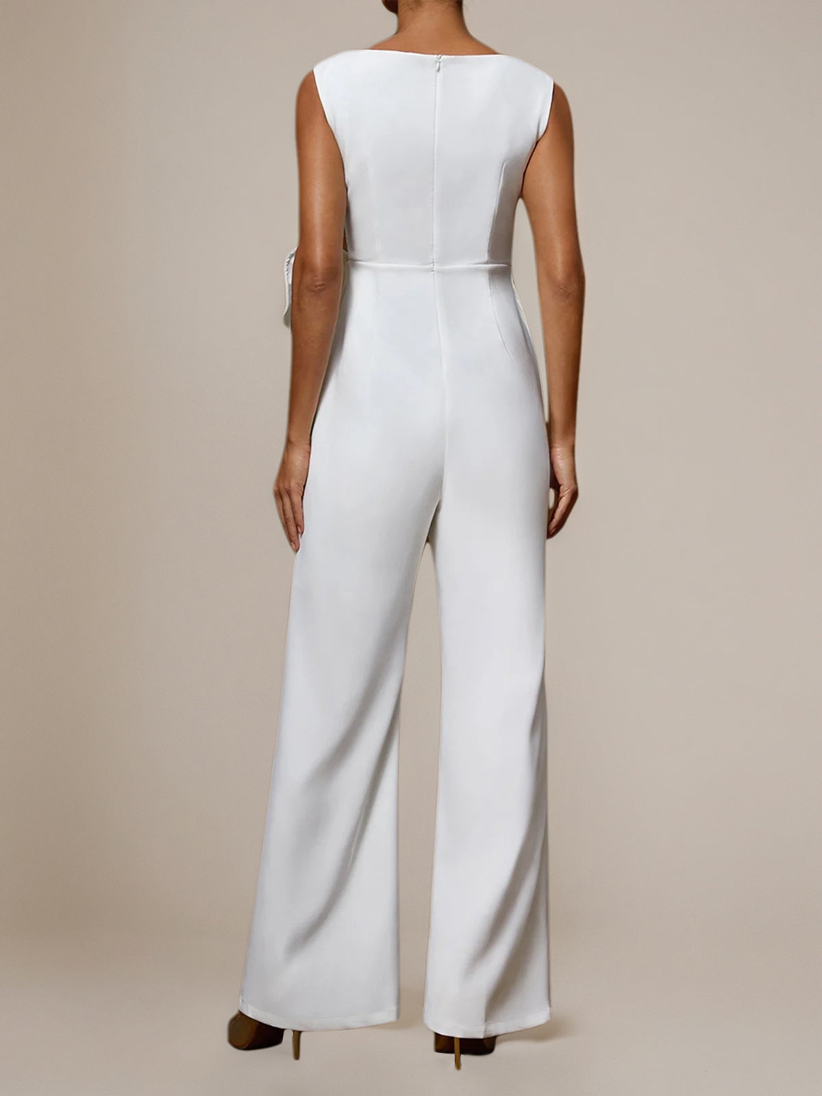 White Stretch Crepe Round Neck Sleeveless Floor Length Pantsuits
