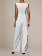 White Stretch Crepe Round Neck Sleeveless Floor Length Pantsuits