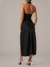 Black Satin Sheath/Column Halter Neck Sleeveless Ankle Length Dress