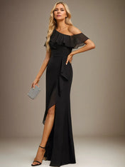 Sheath/Column One Shoulder Floor-Length Chiffon Dress With Cascading Ruffles