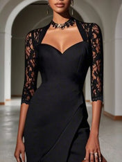 Black Lace Sweetheart Neckline Half Sleeve A-Line Midi Dress