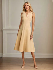 A Line V Neck Sleeveless Tea Length Stretch Crepe Mother of the Bride Dress