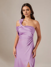 Lilac Satin Sheath/Column One Shoulder Sleeveless Ankle Length Dress
