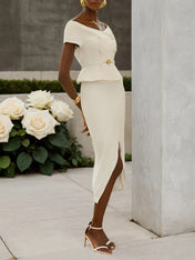 Women White Sash Buckle Off The Shoulder Short Sleeve Top With Skirt Two-Piece Set