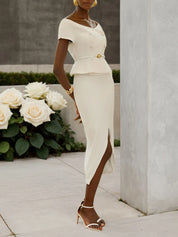 Women White Sash Buckle Off The Shoulder Short Sleeve Top With Skirt Two-Piece Set