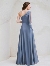 Navy Blue A-Line One Shoulder Floor-Length Chiffon Bridesmaid Dress With Bow