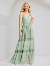 Sage A Line Chiffon V Neck Sleeveless Floor Length Bridesmaid Dresses