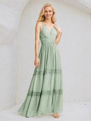 Sage A Line Chiffon V Neck Sleeveless Floor Length Bridesmaid Dresses