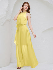 Yellow Chiffon A Line Halter Neck Sleeveless Floor Length Bridesmaid Dress