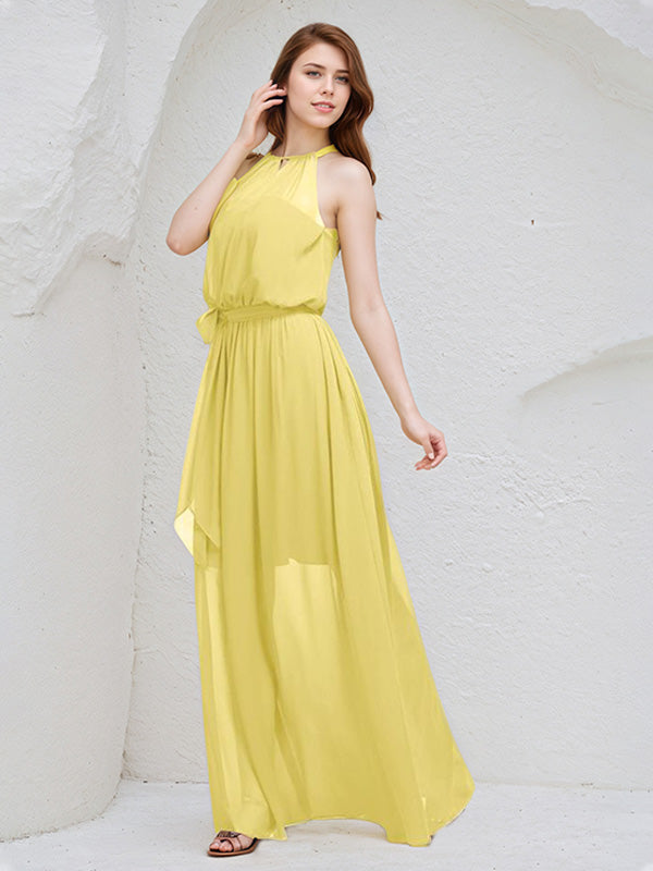 Yellow Chiffon A Line Halter Neck Sleeveless Floor Length Bridesmaid Dress