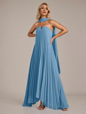 Blue A Line Satin Off The Shoulder Sleeveless Floor Length Dresses