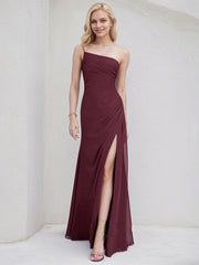 Cabernet Chiffon A Line One Shoulder Sleeveless Floor Length Bridesmaid Dress