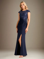 Trumpet/Mermaid Stretch Crepe Scoop Neck Cape Sleeve Floor Length Dress