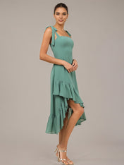 Green Sheath/Column Chiffon Square Neck Sleeveless Asymmetrical Dresses With Ruffles
