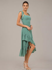 Green Sheath/Column Chiffon Square Neck Sleeveless Asymmetrical Dresses With Ruffles