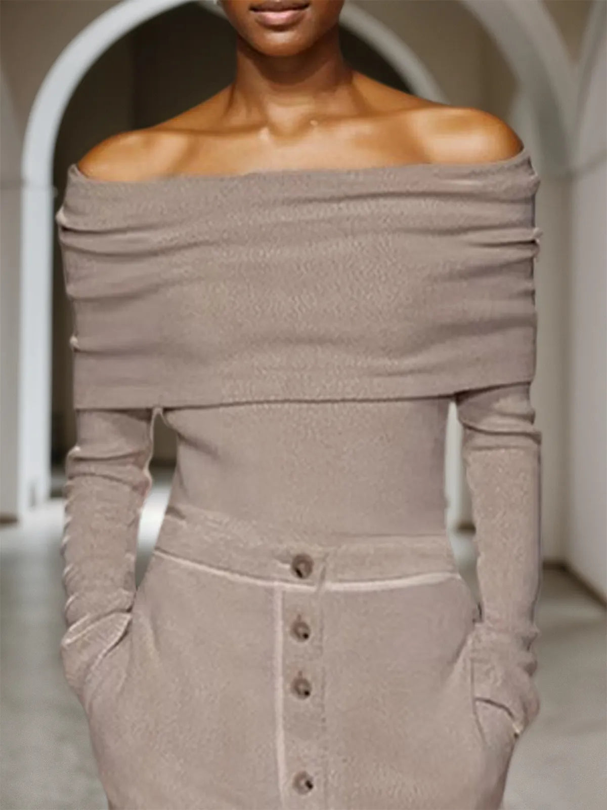 Khaki Buckle Off The Shoulder Long Sleeve Sheath Midi Sweater Dress