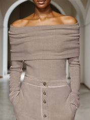 Khaki Buckle Off The Shoulder Long Sleeve Sheath Midi Sweater Dress