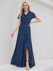 Navy Blue Chiffon A Line V Neck Asymmetrical Bridesmaid Dress With Ruffle