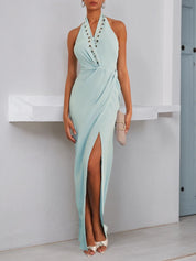 Blue Halter Rhinestones Knot Front Slit Sheath Gown Maxi Dress