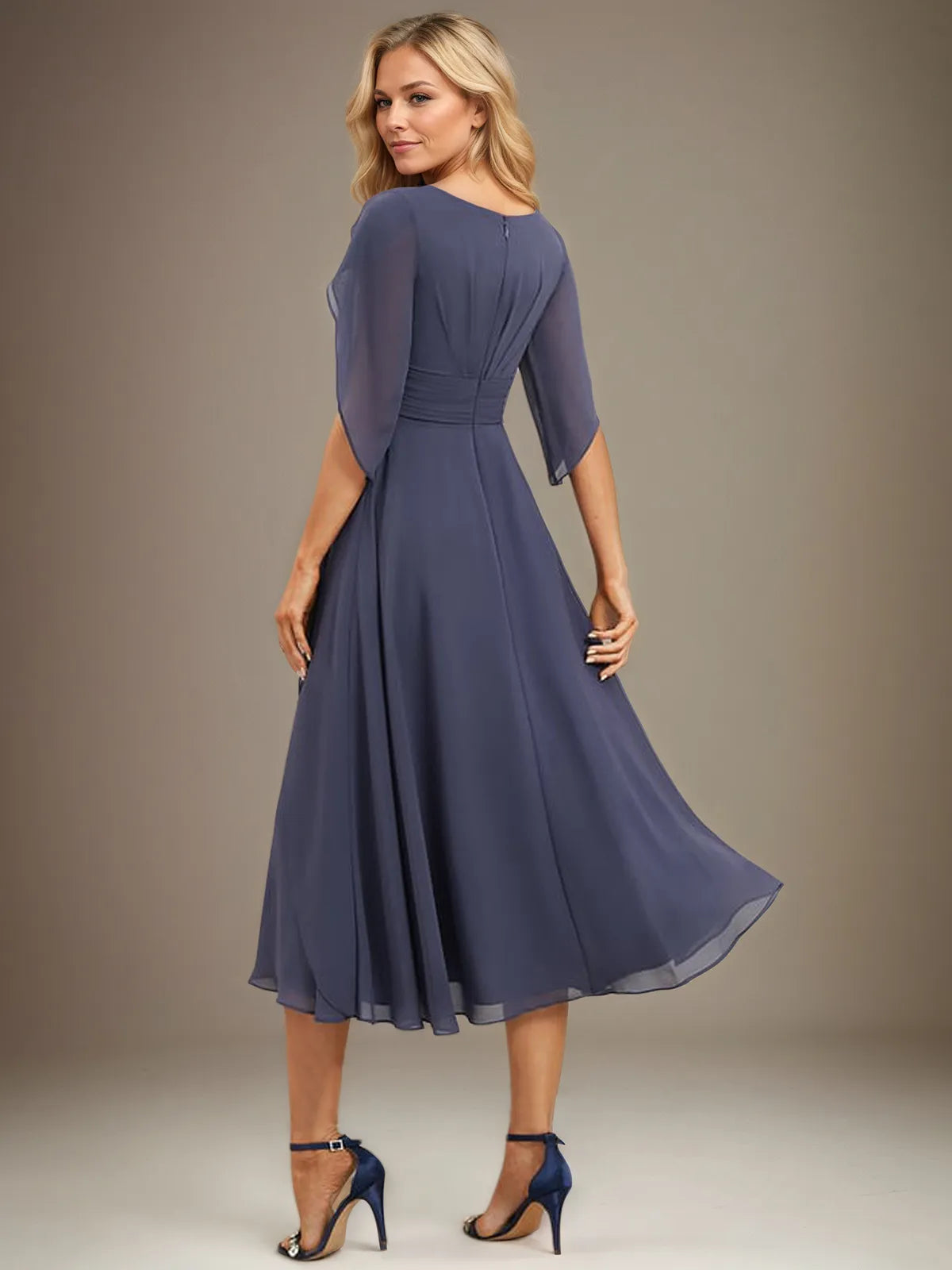 A Line V-Neck Tea-Length Chiffon Mother Of Bride Dresses With Pleated