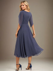 A Line V-Neck Tea-Length Chiffon Mother Of Bride Dresses With Pleated