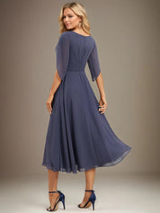 A Line V-Neck Tea-Length Chiffon Mother Of Bride Dresses With Pleated