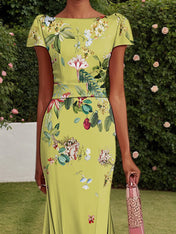 Yellow Floral Short Sleeve A-Line Gown