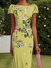 Yellow Floral Short Sleeve A-Line Gown