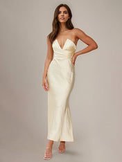 Yellow Satin Sheath/Column V Neck Ankle Length Bridesmaid Dresses