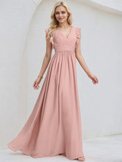 Dusty Rose Chiffon A Line V Neck Sleeveless Floor Length Bridesmaid Dress With Ruffle