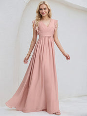 Dusty Rose Chiffon A Line V Neck Sleeveless Floor Length Bridesmaid Dress With Ruffle