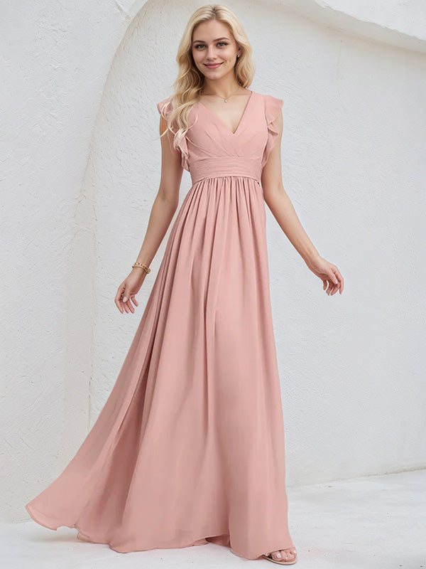 Dusty Rose Chiffon A Line V Neck Sleeveless Floor Length Bridesmaid Dress With Ruffle