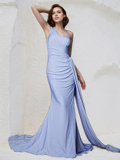 Lavender Chiffon Sheath/Column One Shoulder Sleeveless Floor Length Bridesmaid Dress