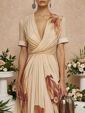 Beige Floral Chiffon V Neck Short Sleeve A-Line Gown Dress