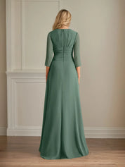 A Line V Neck 3/4 Sleeves Floor-Length Chiffon Dress With Pleated