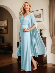 Sheath/Column Chiffon V Neck Long Sleeves Floor Length Dress