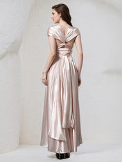 Pearl Pink Satin A Line Halter Neck Sleeveless Asymmetrical Bridesmaid Dress